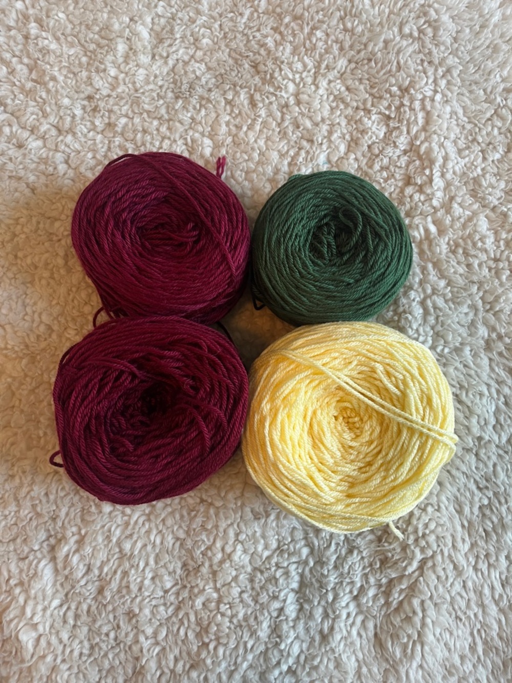 4 Skeins Acrylic Yarn Lot in Burgundy, Forest Green & Lemon Destash
